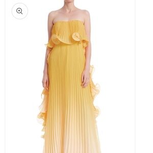 Badgley Mischka Yellow Pleated Strapless Maxi Dress